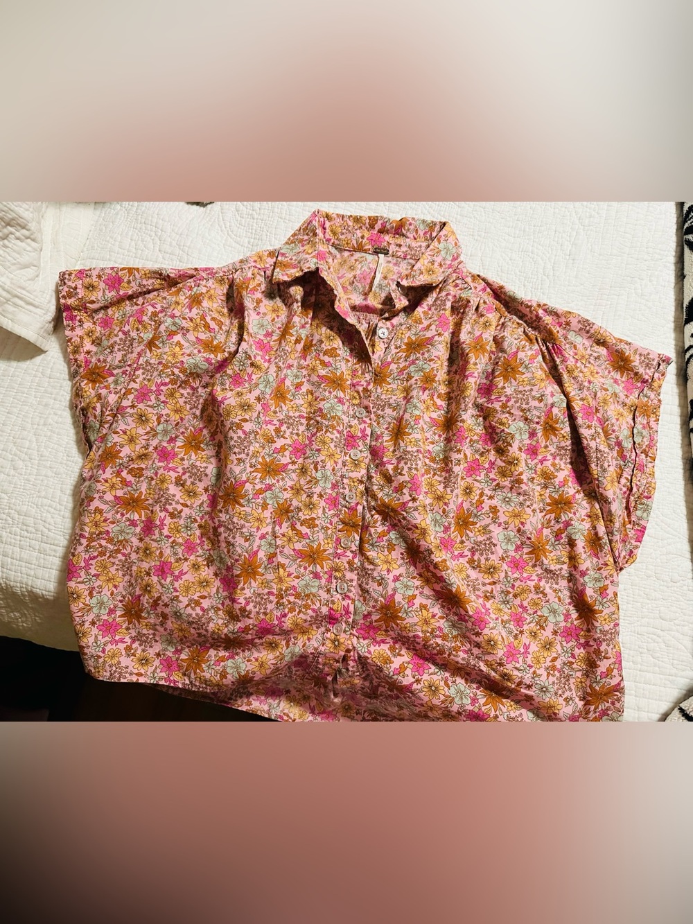 Free People Pink Floral Button-Down Shirt with Brown Accents